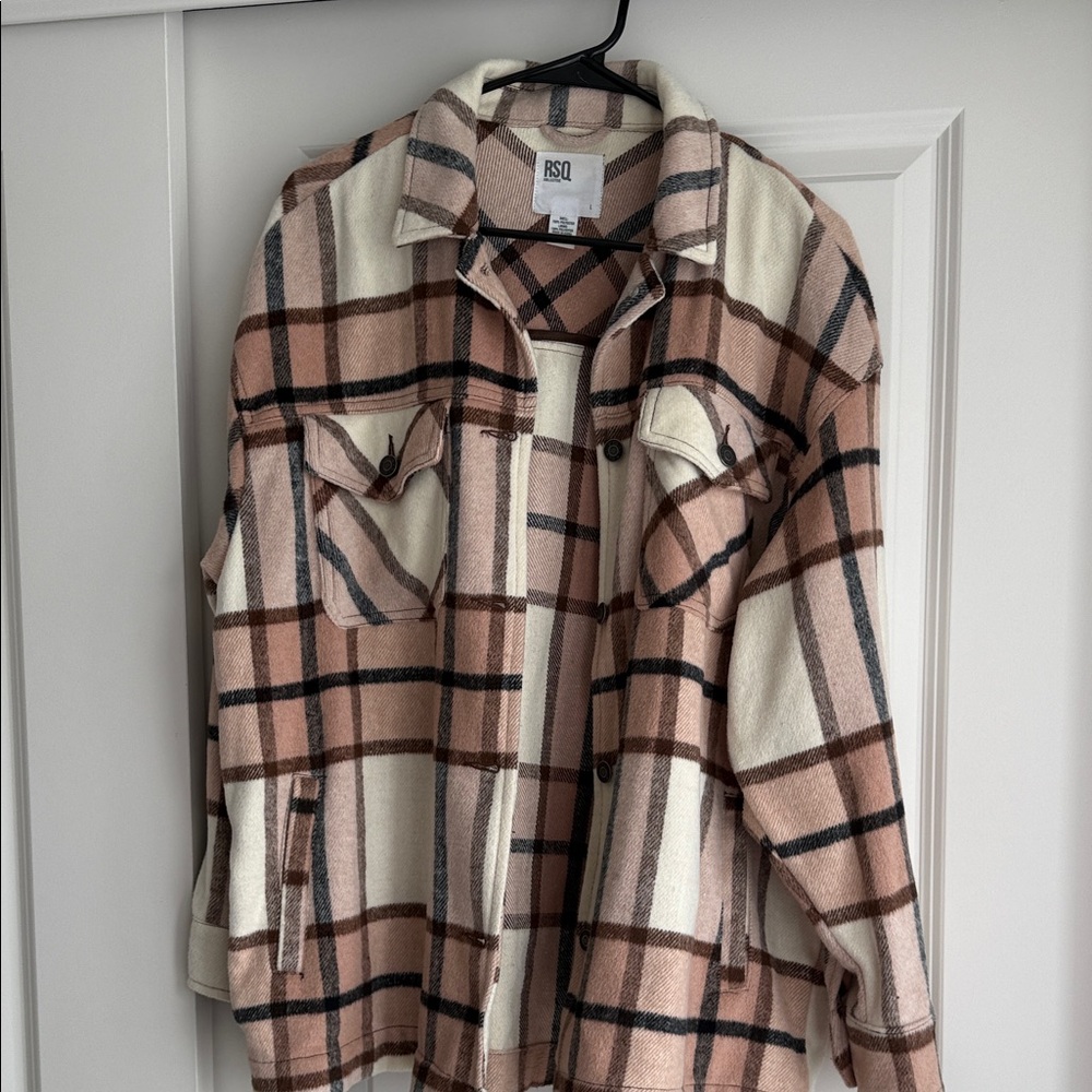 RSQ Women's Checkered Utility Jacket - Pink and Cream